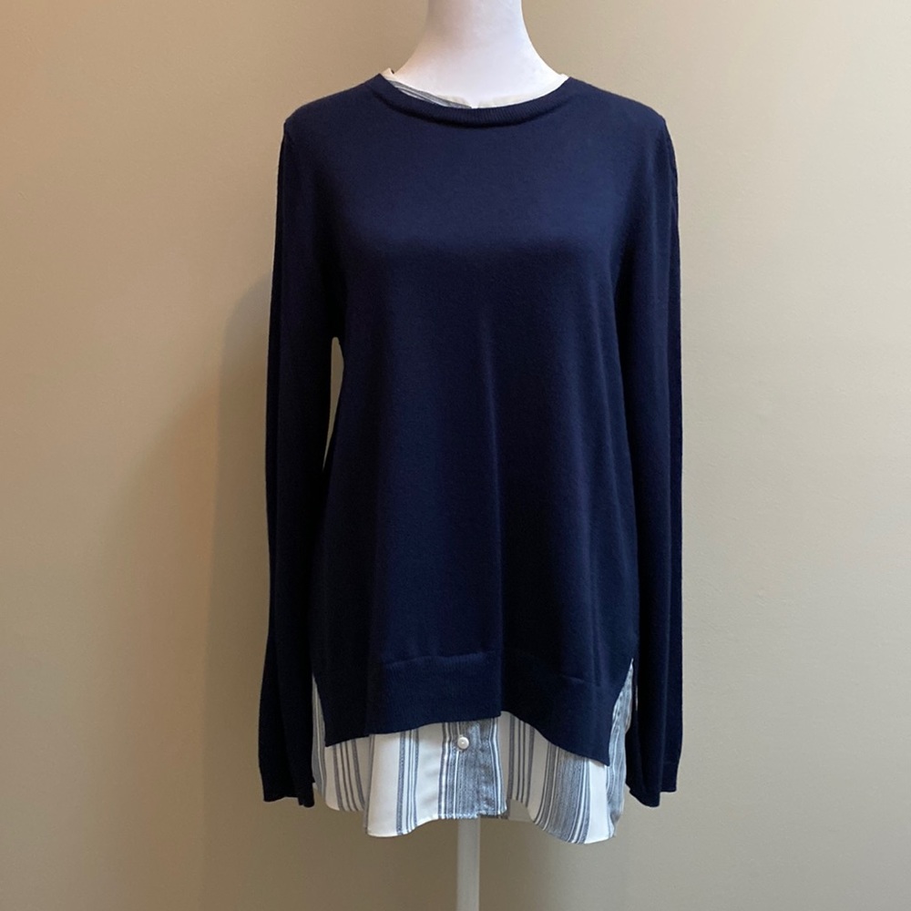 NYDJ Mixed Media Two-Fer Sweater Roman Holiday Strip Joie de Vivre Petite Small